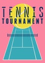 Tennis Tournament vintage style poster design with ball and court. Retro vector illustration. Royalty Free Stock Photo